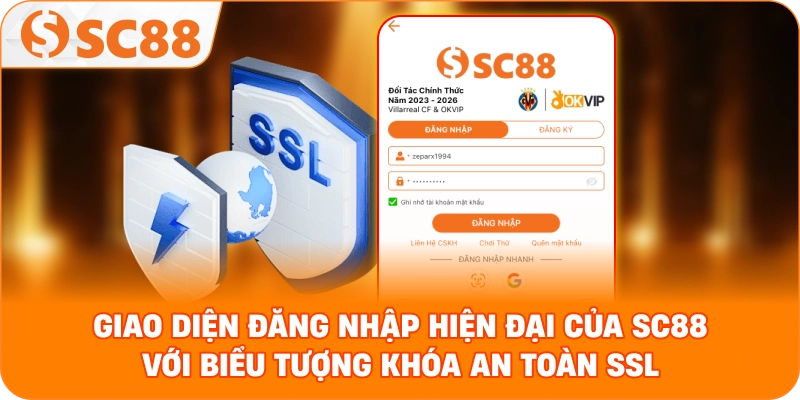 giao diện đăng nhập hiện đại của SC88 với biểu tượng khóa an toàn SSL