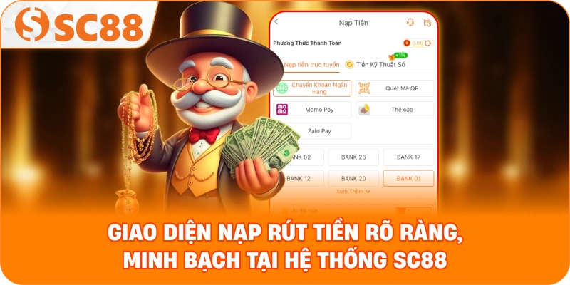  giao diện nạp rút tiền rõ ràng, minh bạch tại hệ thống SC88