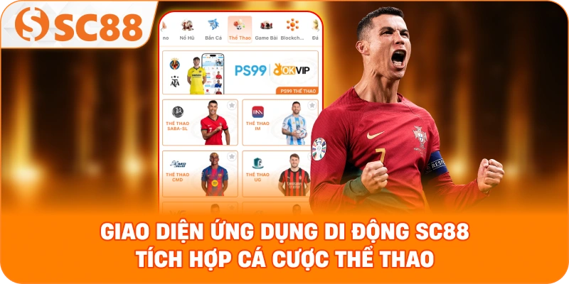 Giao diện ứng dụng di động SC88 tích hợp cá cược thể thao